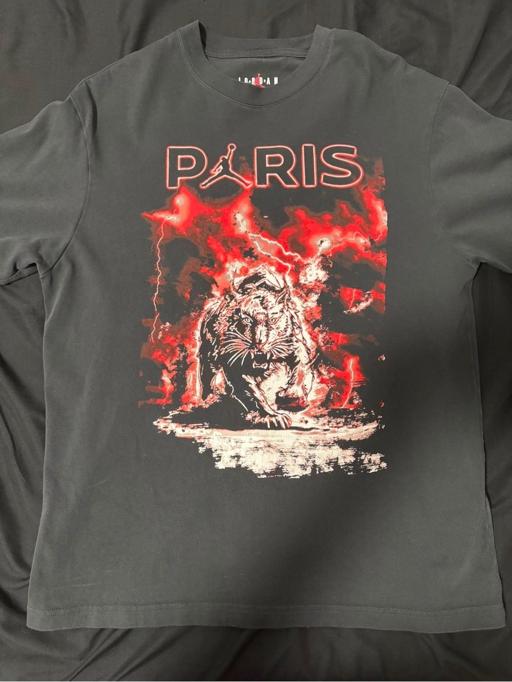 Jordan Black Tee with Red and White Tiger Graphic